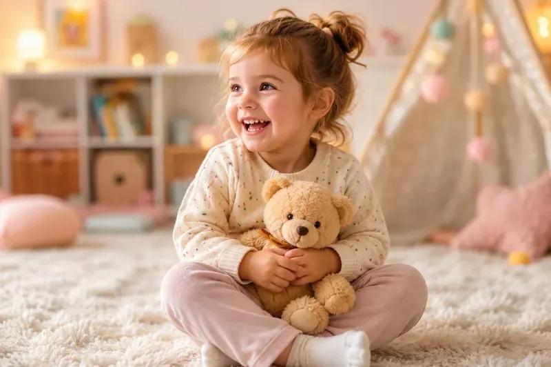 Petite fille souriante serrant son doudou ourson dans une chambre lumineuse et sécurisée